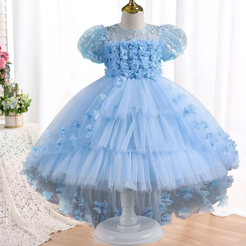 Girls\' lace bow dress 4-12 years old temperament flower sequin trailing princess dress 2023 new carnival party formal dress