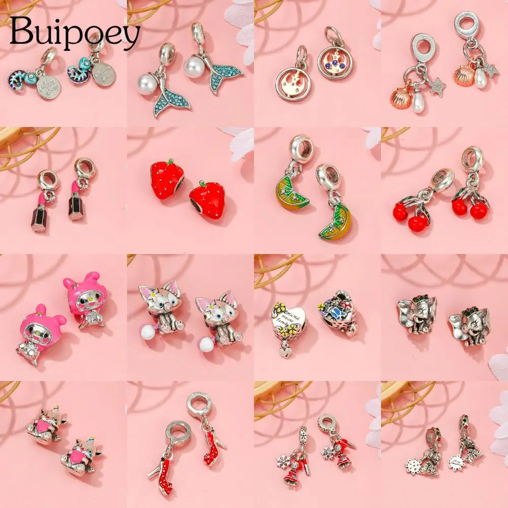 Buipoey 2pcs/lot Strawberry Lemon Cherry Charm Silver Color Heart Unicorn Bead Fishtail Anchor Pendant Fit DIY Jewelry Accessory