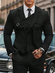 Trajes negros de estilo americano para hombre, esmoquin ajustado con solapa y muescas para novio, 2 piezas, blazer de negocios