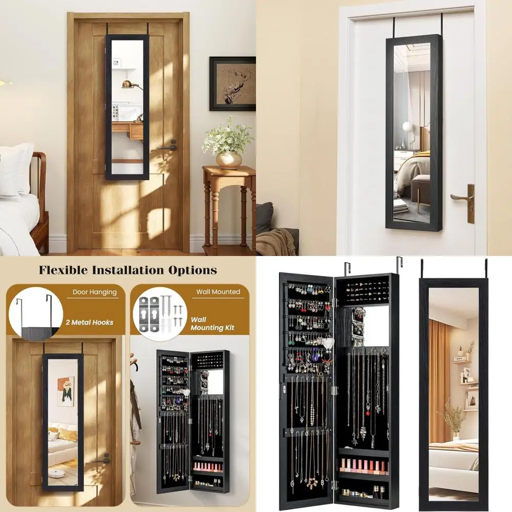 

Настенный шкаф для ювелирных изделий с зеркалом в полный рост, зеркалом для макияжа, держателями для колец, крючками для ожерелья, большое хранилище для спальни и