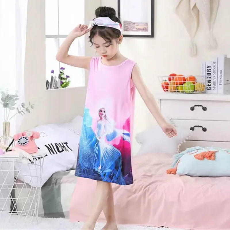 Summer Baby Girls Sleep Dresses Cartoon Cute Anna Elsa Olaf Princess Nightgown Pajamas Tops Kids Sleeveless Nightdress Homewear