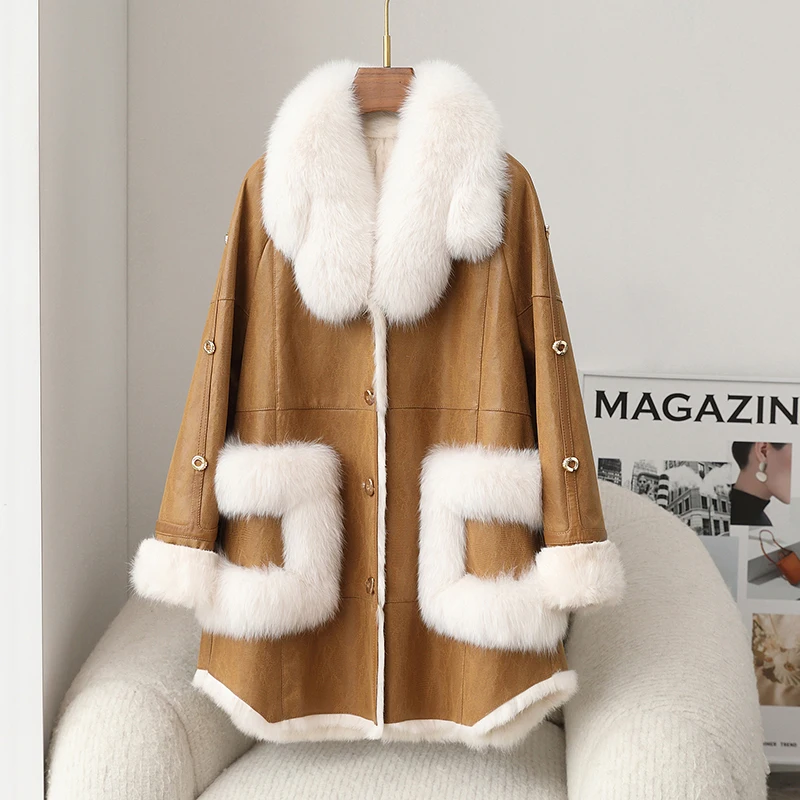 Lady\'s Rabbit Fur Mid-Length Coat With Fox Fur Collar Women Poncho Warm Jacket JT3446