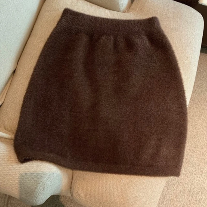 Women Spring Mini Furry Skirt Faldas Mujer Moda Slim Sexy High Waist Wrap Hip Black Bottom Wild Woolen Elegant Korean
