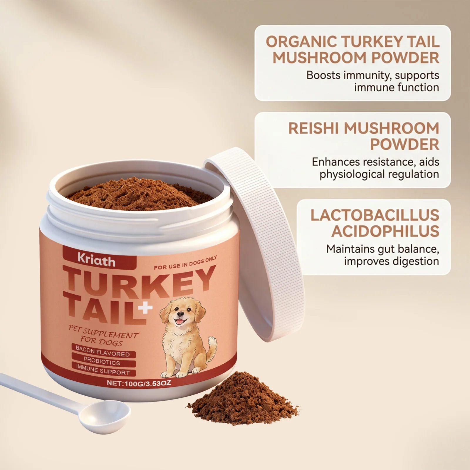 Turkey Tail Mushroom Powder for Dogs, Bacon Flavor Pet Immune Support Joint Hip Gut Health Supplement, Skin Coat Care Powder 2