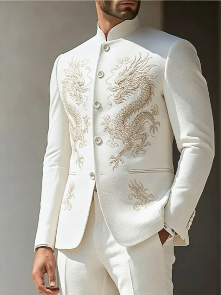 Mens White Gold Slim Fit Blazer Stand Collar Dragon Totem Casual Formal Coat