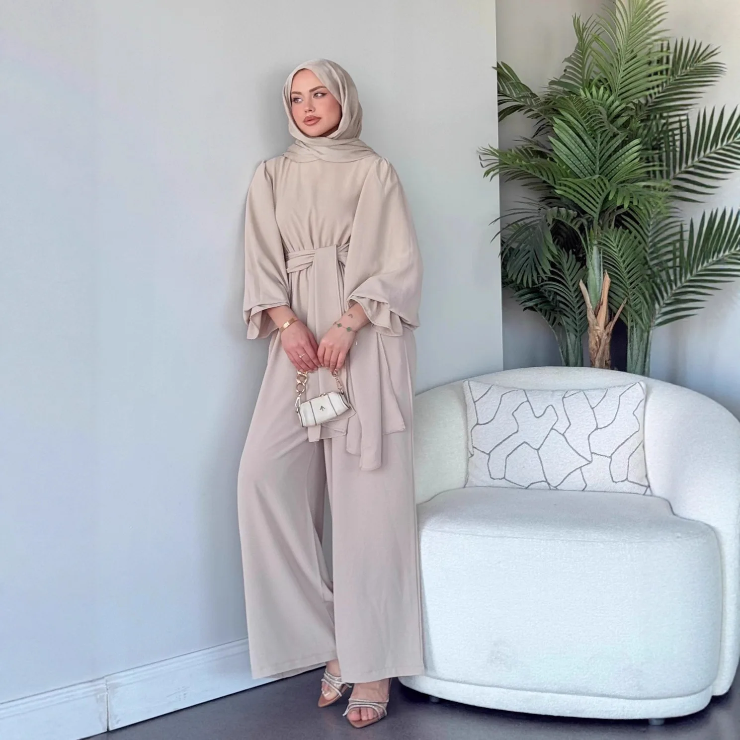 Top calças de perna larga terno feminino muçulmano 2 peça define eid topos calças rendas até dubai modesto conjunto marrocos ramadan outfits