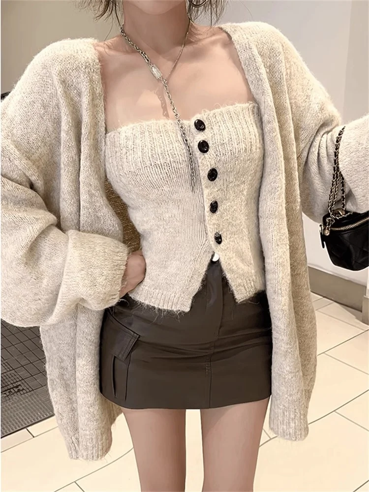

Soft Knitted Open Cardigan Sweater Women's Autumn Winter Korean Sle Two-Piece Set Long Sve V-Ne Thiened Outerwear