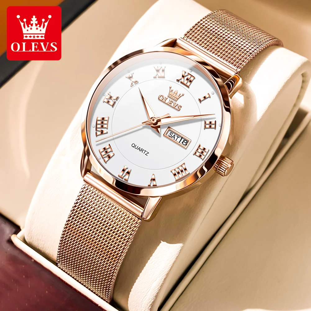 OLEVS 2920 Damenuhr, modisch, original, Datums- und Wochenanzeige, Mesh-Armband, römisches Zifferblatt, leuchtende Damen-Quarz-Armbanduhr