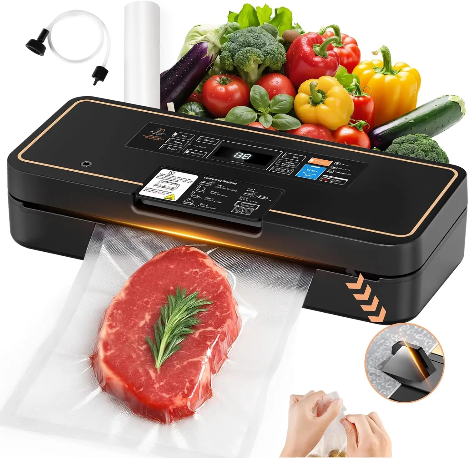 

95kPa Food Vacuum Sealer Machine, 135W Fast-Sealing with Easy Tear Cutter, Built-in Bag Storage, Compact 9-in-1 Design