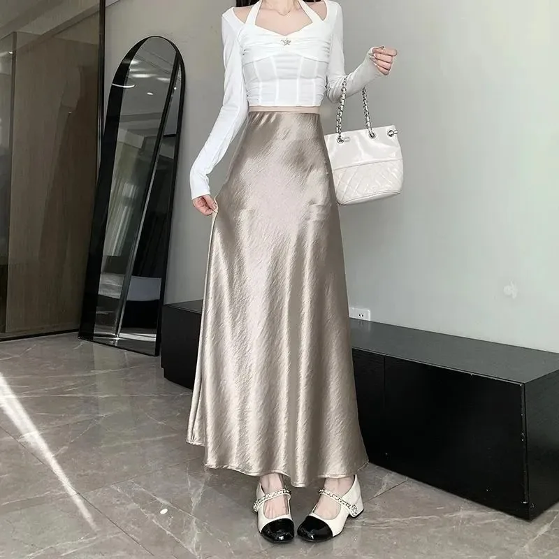 

Women's Satin Rhinestone Midi Skirt High Waist A Line Summer Party Dress
