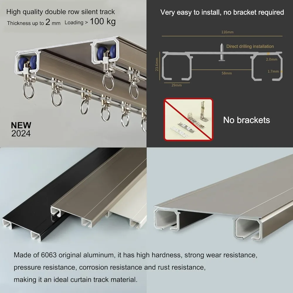 مسار ستارة منزلقة مثبت على السقف بسكة مزدوجة بلون الشمبانيا، طول 3 أمتار #4