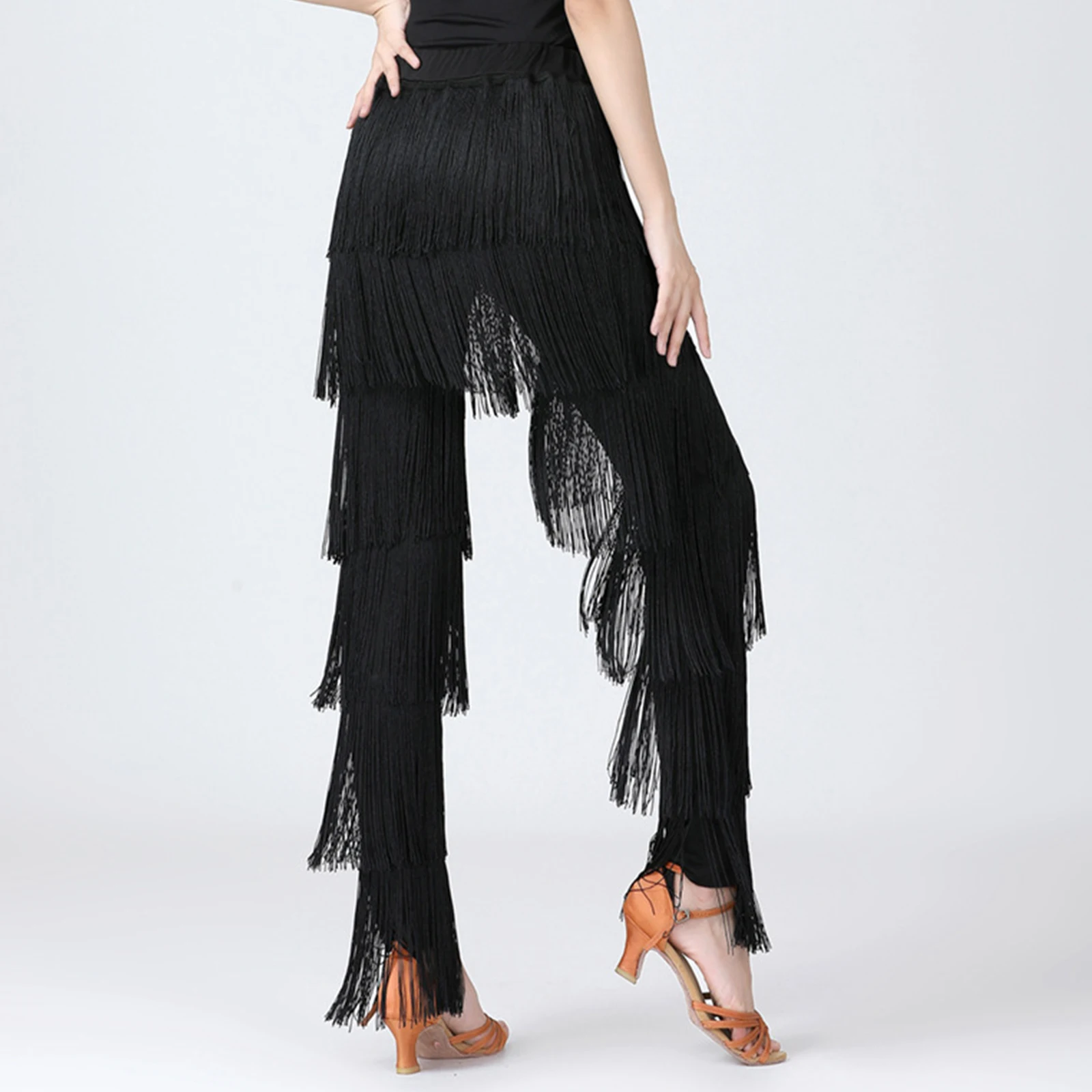 Women Fringe Latin Dance Pants Cha Cha Tango Dancing Performance Costume Elastic Waistband Tiered Samba Fringe Tassel Trousers