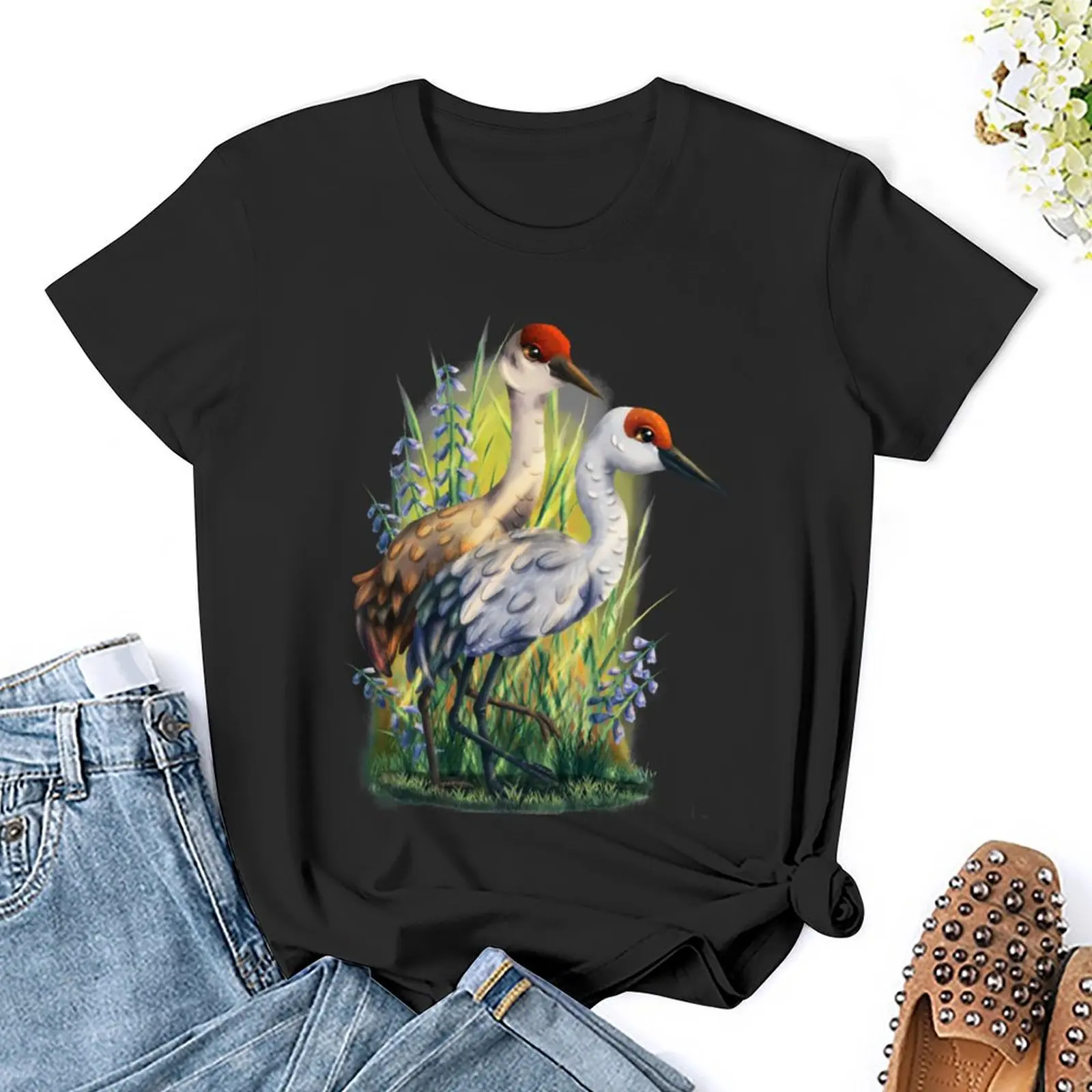 Sandhill Crane Illustration T-Shirt tops vintage clothes female anime clothes t shirt dress Women