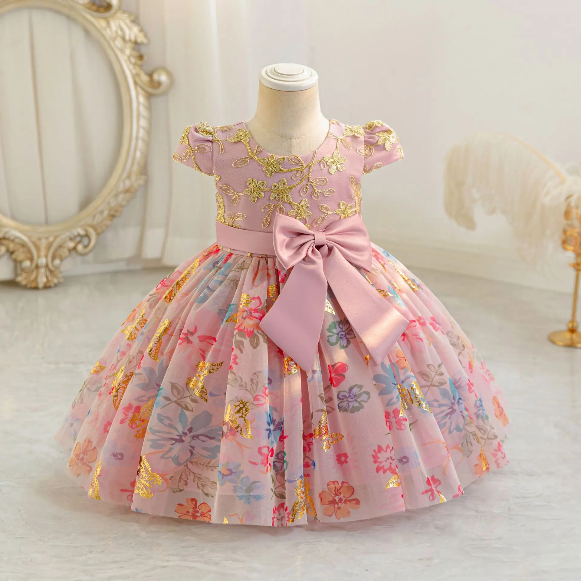 

Hetiso Baby Girl Party Dress Kids Flower Embroidery Dresses Children's Pink Floral Lace Gown 1-5 Years