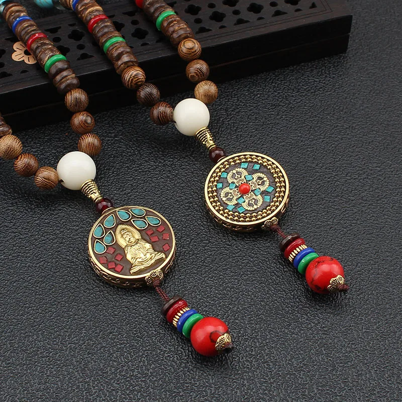 Ping An Brand Sweater Chain Pendants Wooden Buddha Beads Ethnic Style Men Women Fashion Versatile Long Necklaces Jewelry