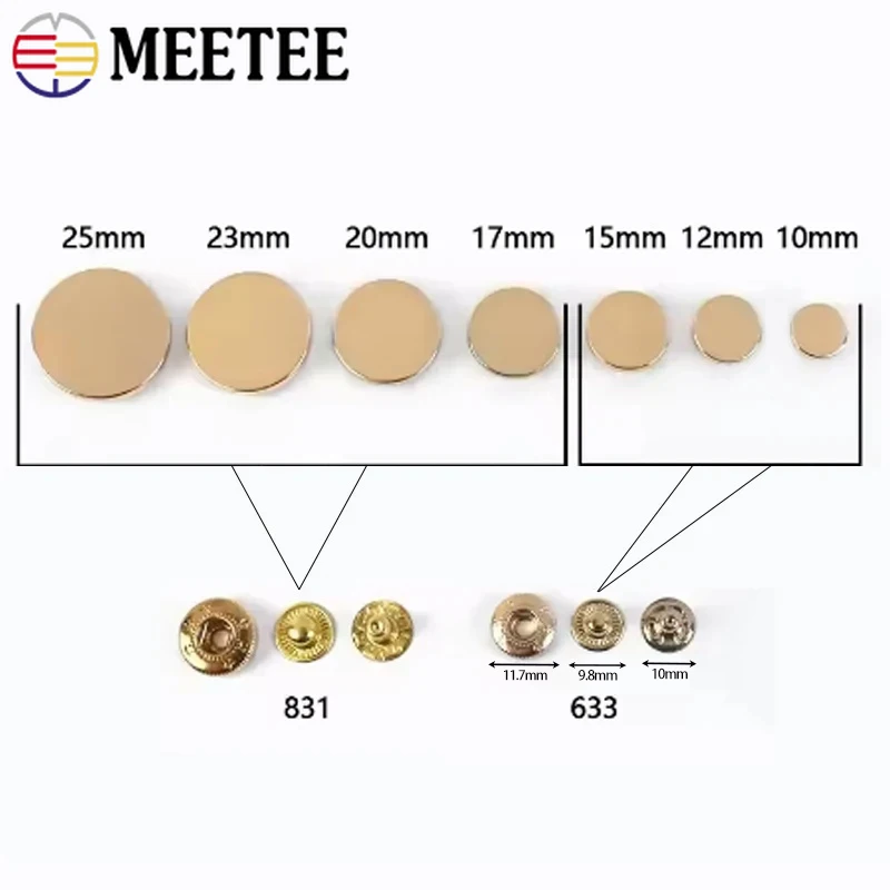 Meetee 10/20Sets Metal Snap Buttons for Bag Coat 10-25mm Fasteners Press Button Clothes Decor Golden Buckles Sewing Accessories