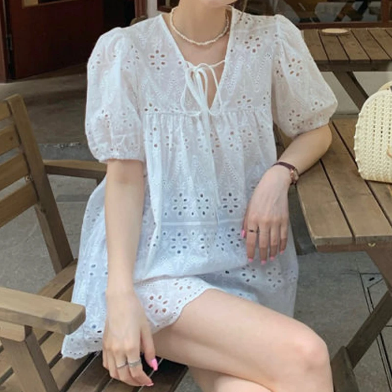 Summer Short Puff Sleeve Lace Blouse French Style Women Loose Casual Ruffle V-neck Lace-up Belt White Shirt Hollow Flower Tops