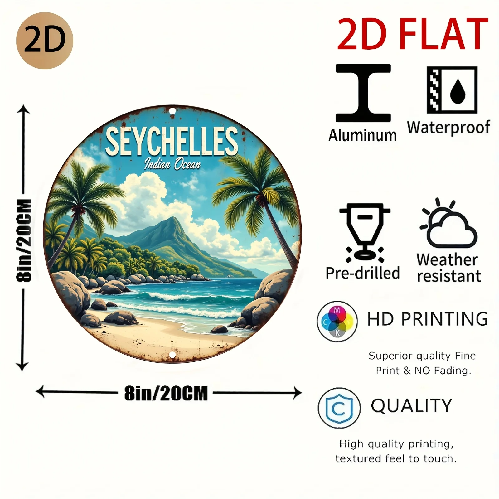 HD Tin Sign, Seychelles Indian Ocean Tropical Beach Round Metal Wall Art, Travel Landscape Decor for Home Office