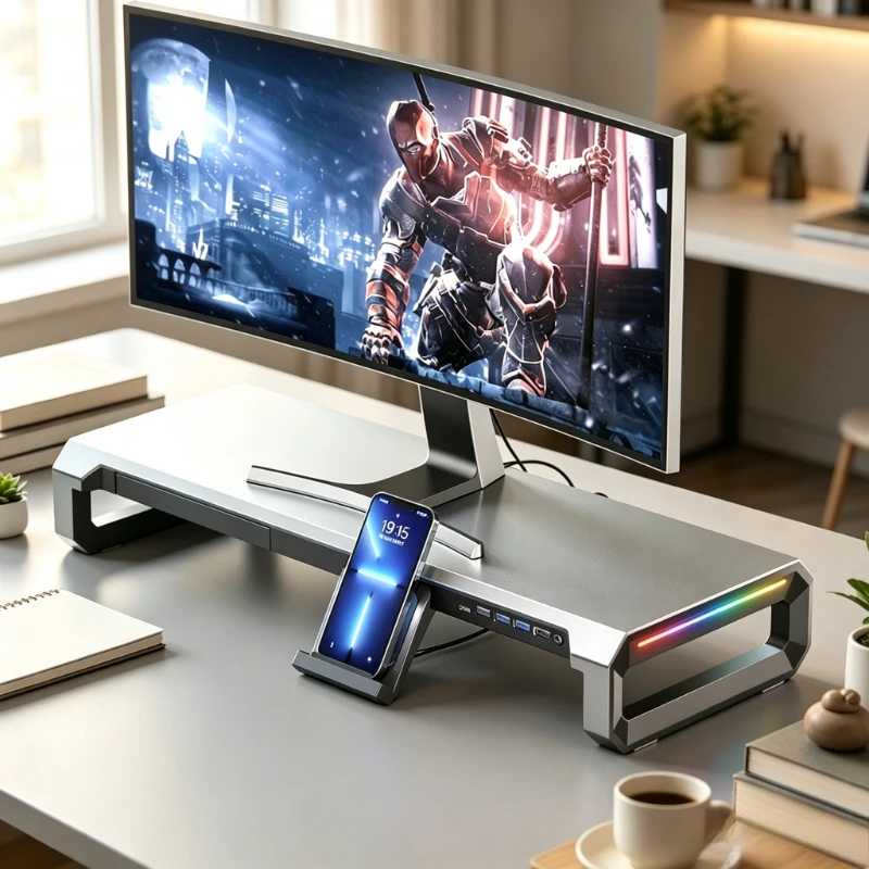 Foldable Monitor Stand Riser USB 3.0 Hub Charging Desktop Computer Shelf Storage Organizer for Office Gaming Desk 모니터 받침대
