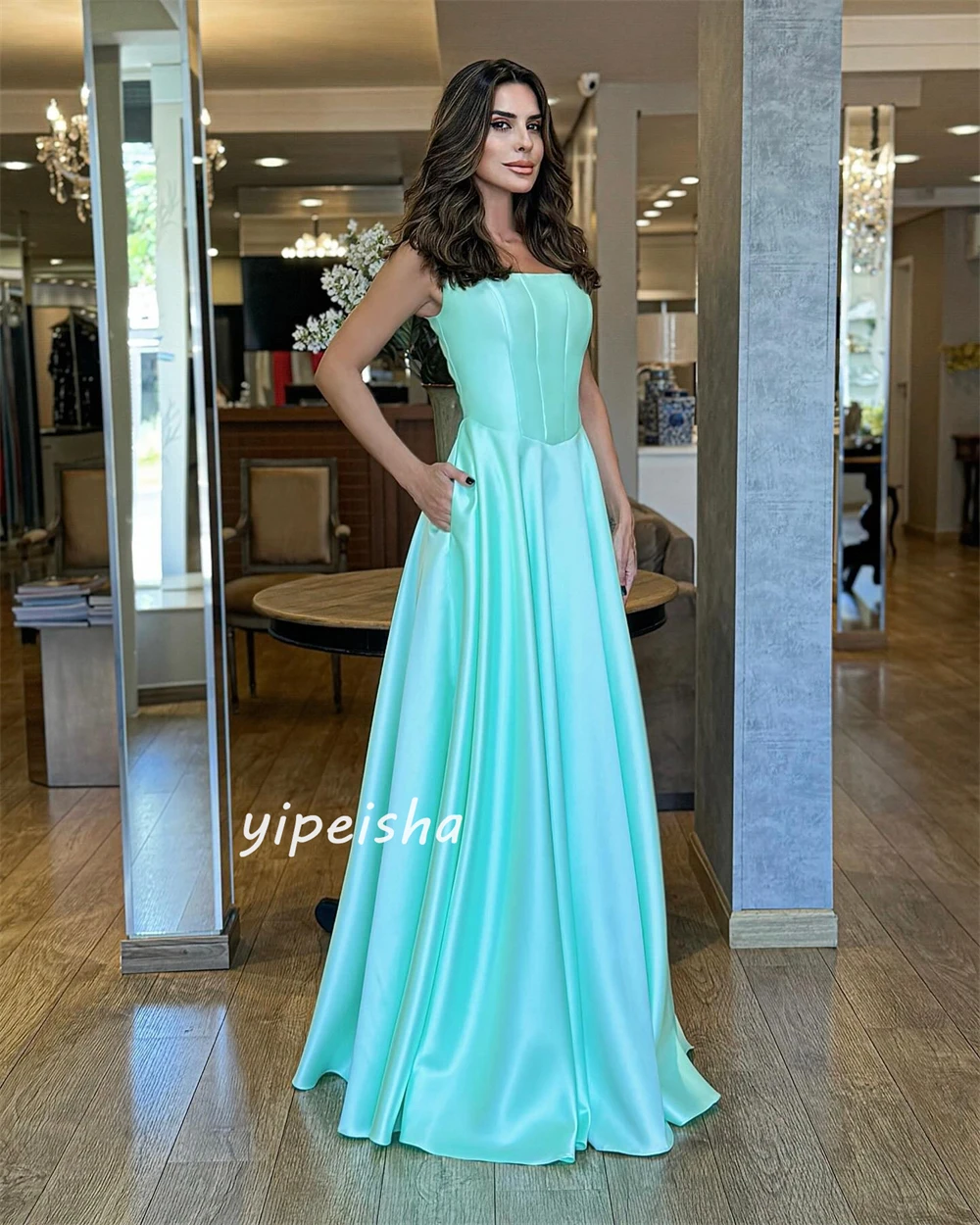 Satin Ruched Beach A-line Square Neck Bespoke Occasion Gown Long Dresses