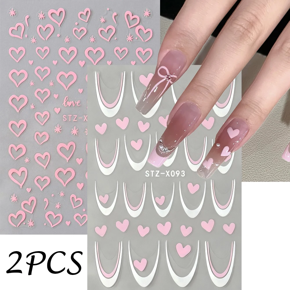 2PCS Mini Red Heart Valentines Nail Stickers Sweet Red Pink Love Self-adhesive Nail Decoration Decals Romantic Manicure Supplies