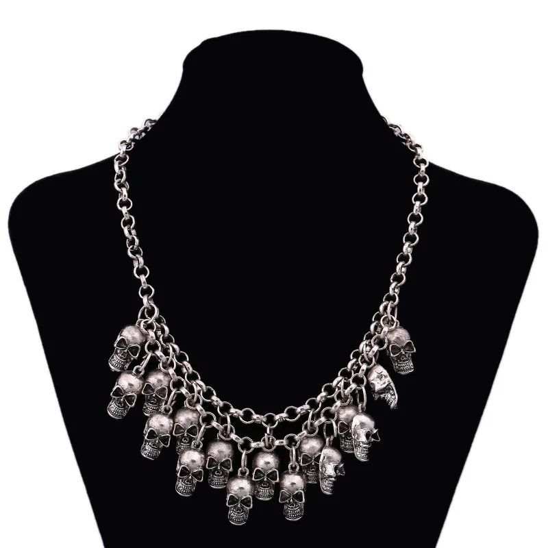 Fashion Alloy Jewelry Tassels Punk Skull Choker Halloween Necklace Unisex Punk Multi Layer Skull Heads Tassel Necklace