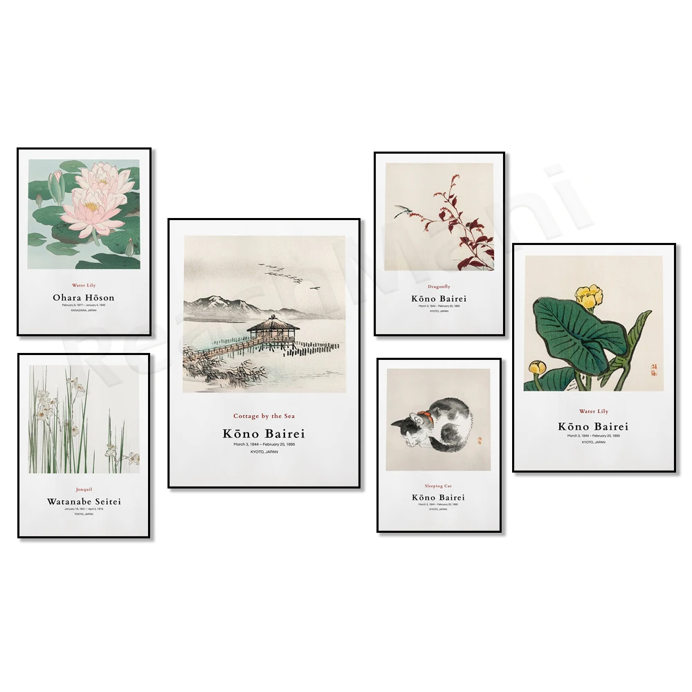 Kono Bairei - Gato durmiente, libélula, pabellón verde Watanabe - Jonquil, Ohara Hoson Water Lilies, cartel de arte vintage japonés