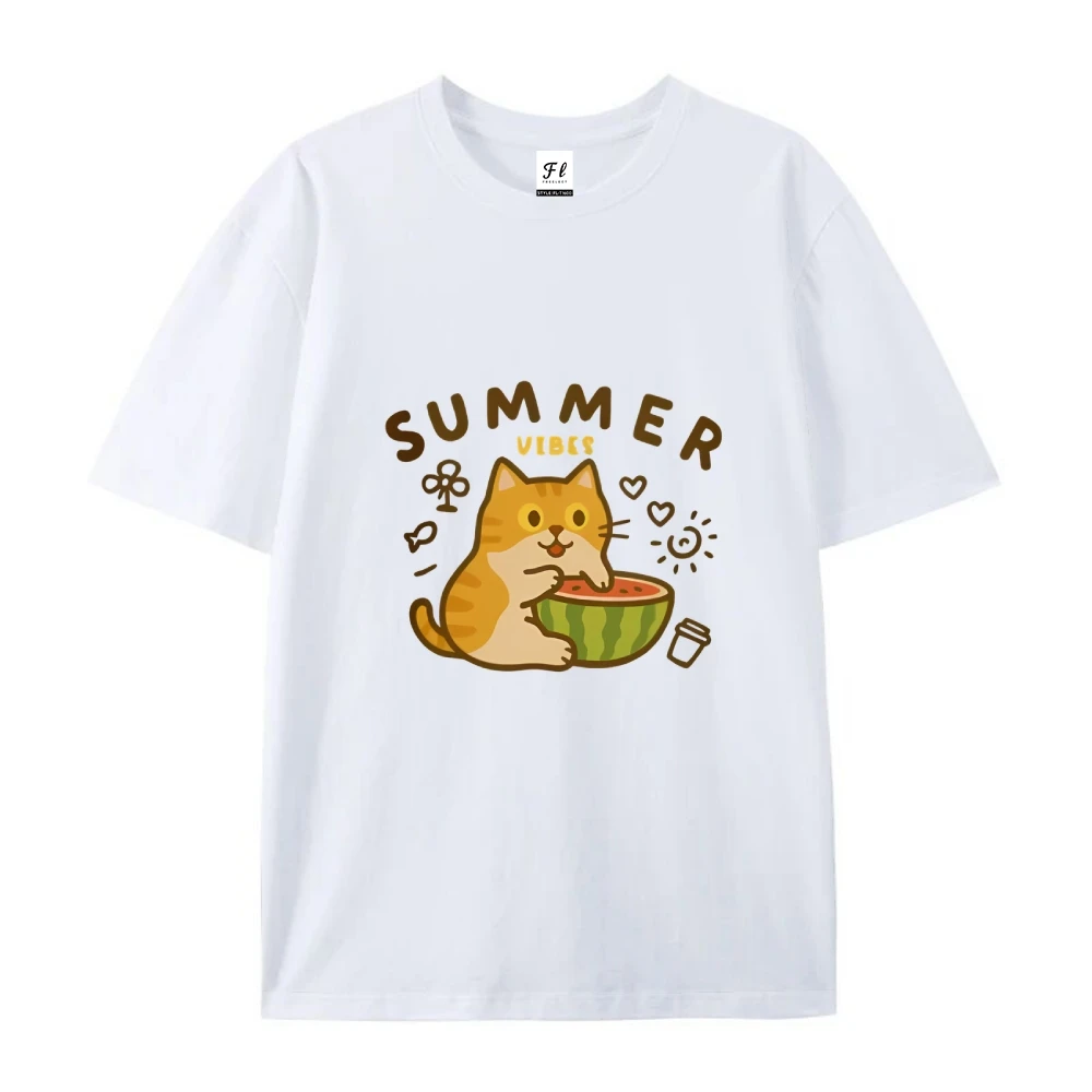 Cat Summer Tee เสื้อยืดสีขาวแมวน่ารักแตงโมพิมพ์ Casual หลวมแขนสั้นฤดูร้อนขี้เล่นตามฤดูกาลสบาย Top