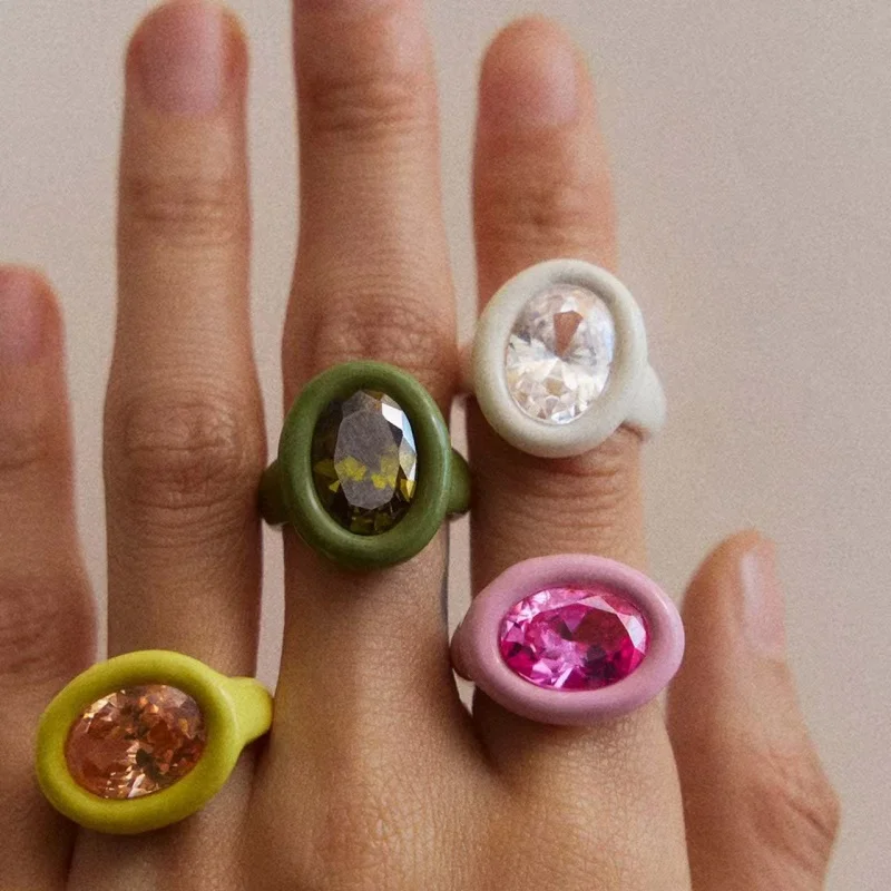 Sweet Style Metal Ring for Women Unique Design Macaron Zircon Oval Embedded Candy Colored Dopamine Colorful Index Ring Daily Ver