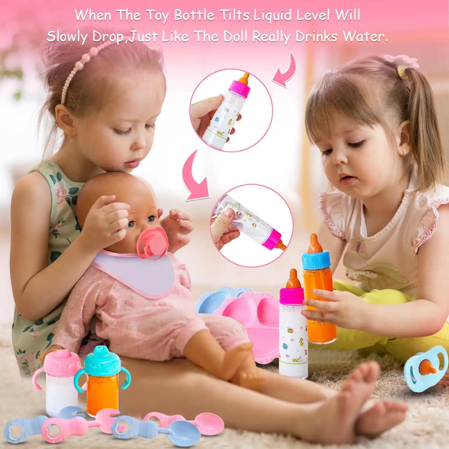 ベビードールアクセサリー　授乳＆ケアセット　哺乳瓶、吸い飲みカップ、おしゃぶり、ディナープレート付き　子供、幼児、女の子向けごっこ遊び