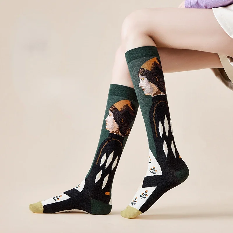 Calcetines hasta la rodilla de tubo medio y alto, estilo ins francés, ilustración retro, calle abstracta literaria, moda de algodón