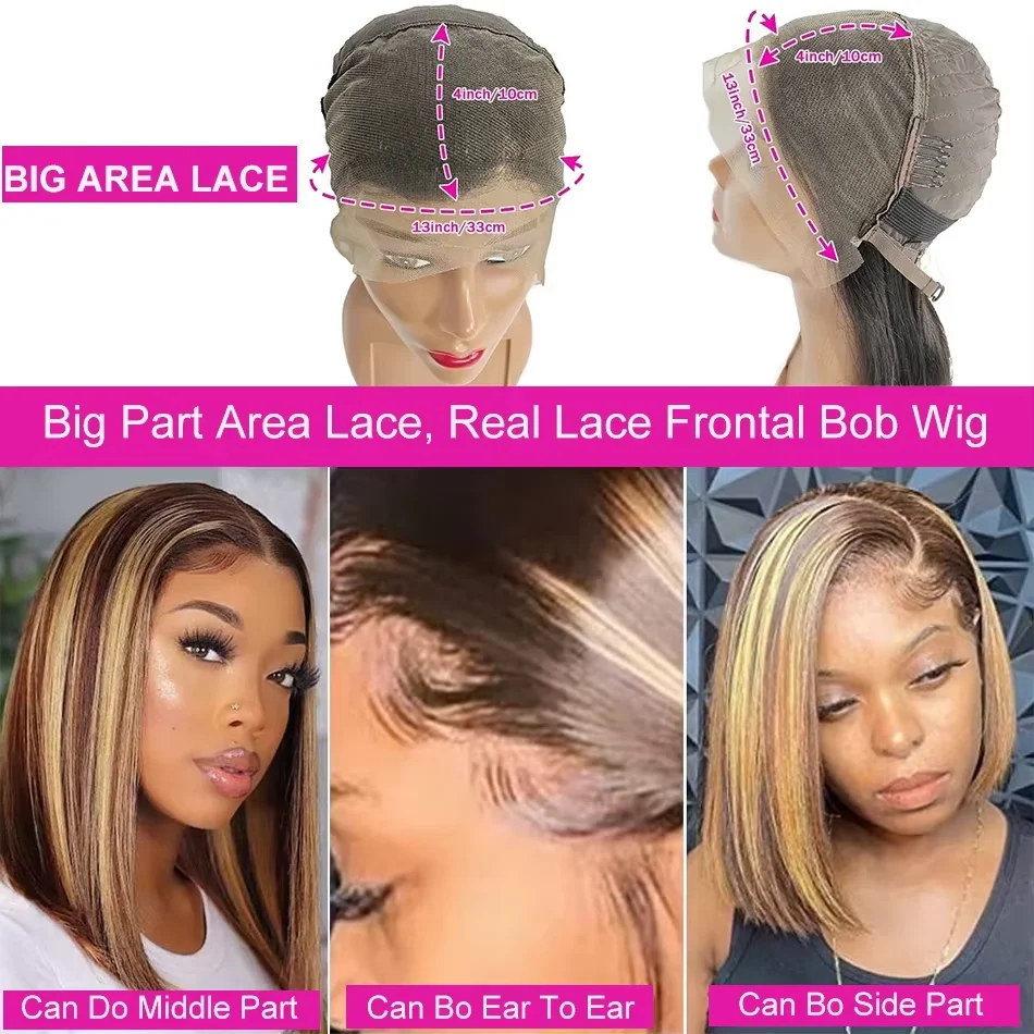 13x4 transparente Lace-Frontal-Perücke, 100 % Echthaar, 200 % Dichte, Highlight-Braun, kurzer Bob, gerade Perücken, HD-Lace-Front-Perücken, blond