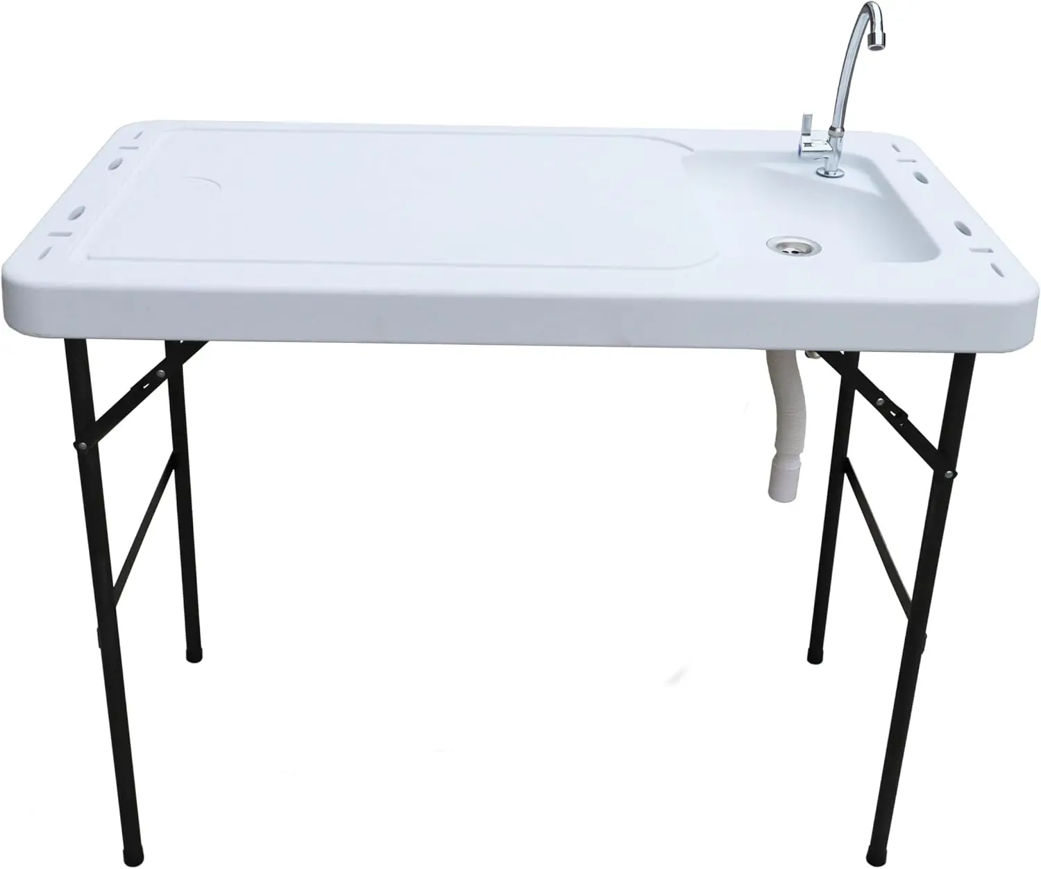 

Portable Fish Cleaning Table with Sink, Folding Legs, and Tool Cutouts for Outdoor Use