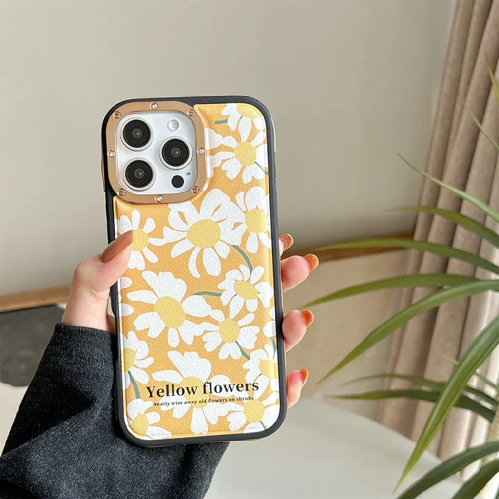 Yellow Background Full Screen White Flowers Metal Frame Shockproof Protective Phone Cover Case for iPhone 16 15 14 13 Pro Max