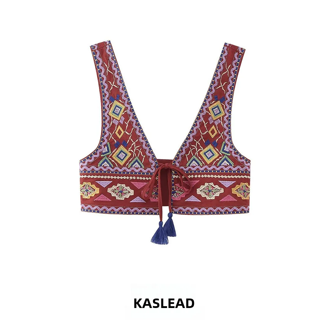 KASLEAD New Women's Embroidered Short Vest Versatile High-End Feel V-Neck Slim Fit Polyester Fiber Outerwear Short Length