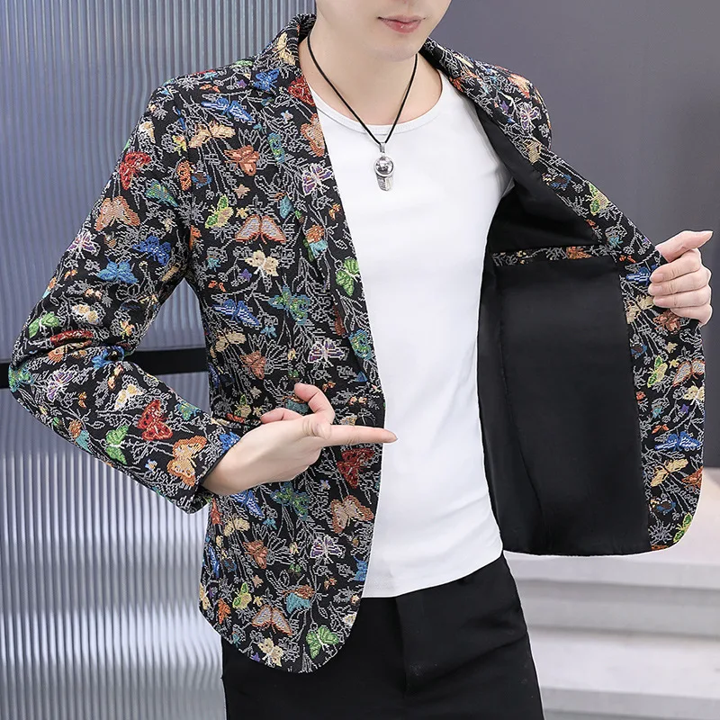 HOO 2024 men's casual fashion butterfly printed blazer, youth slim handsome casual   blazer