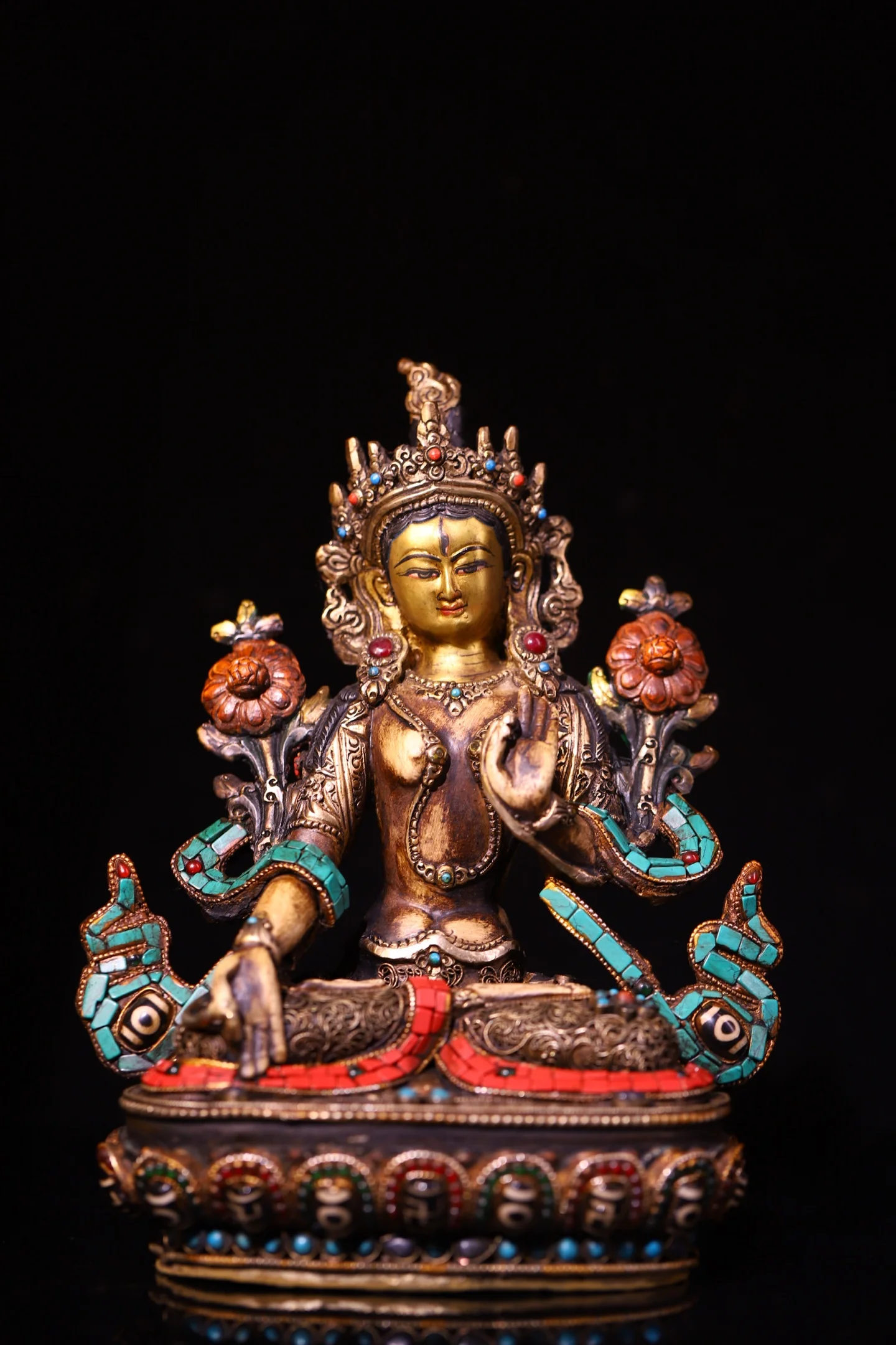 

Old Bronze Mosaic Gem gZi Beads Turquoise Tibetan Silver Filigree White Tara Sitting Buddha Lotus Terrace Worship Hall