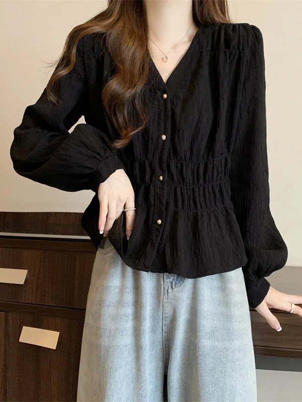 

Женская винтажная рубашка больших размеров с длинным рукавом, V-образным вырезом, свободный кардиган, скрывающий живот, весна-лето, однотонный, повседневный стиль, свободный крой