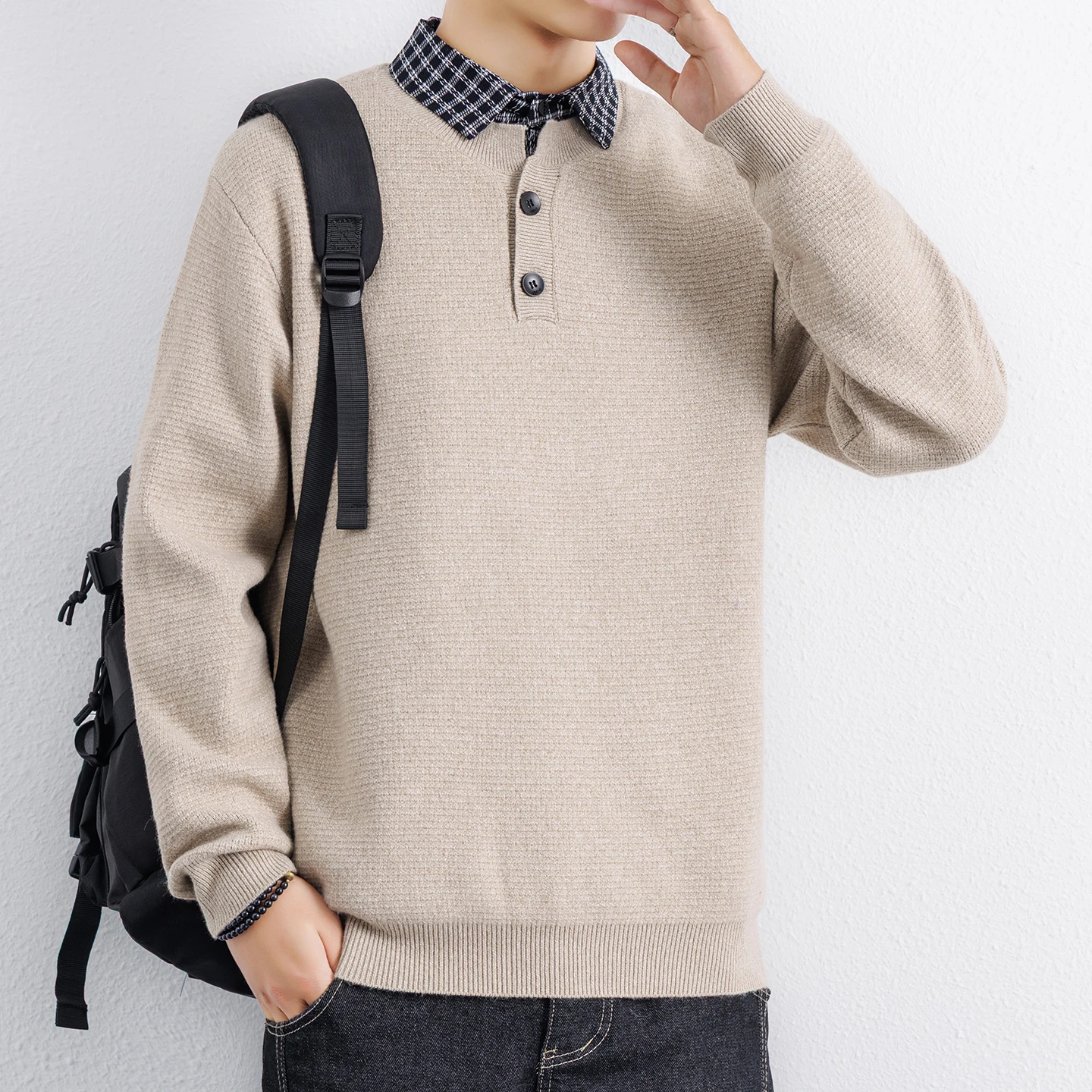 

Мужской утепленный вязаный свитер с имитацией двухслойности, с воротником-рубашкой, для ношения под одеждой, зимний, стандартный крой, с длинным рукавом, базовый стиль, полиэстер.