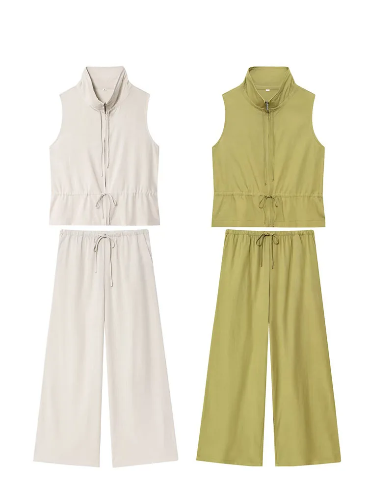 

HH Women Fashion Pant Suit Zipper Drawstring Design Solid Vest Top+High Waist Pull Rope Causal Slim Wide Leg Pants 2-Color