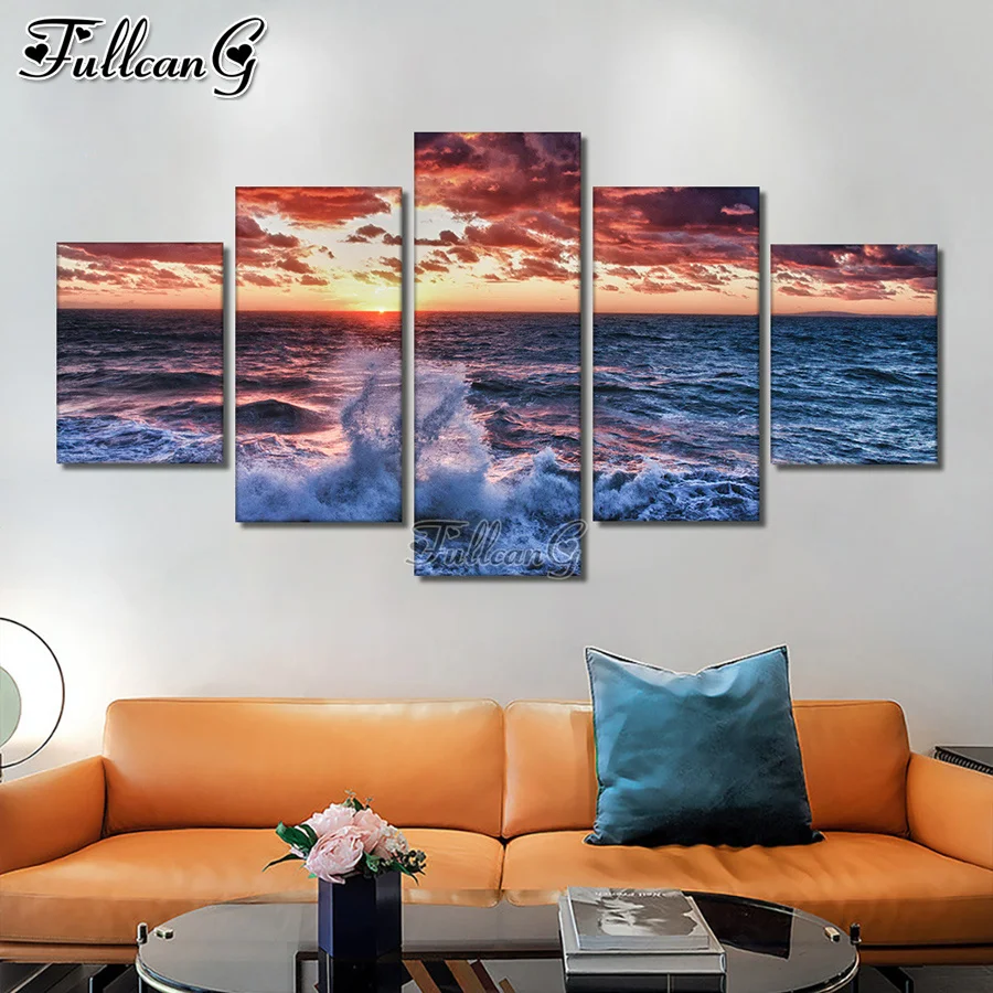 

FULLCANG mosaic 5 piece diy diamond painting sea nature scenery full rhinestone embroidery Sunset Ocean Beach home decor FG0888