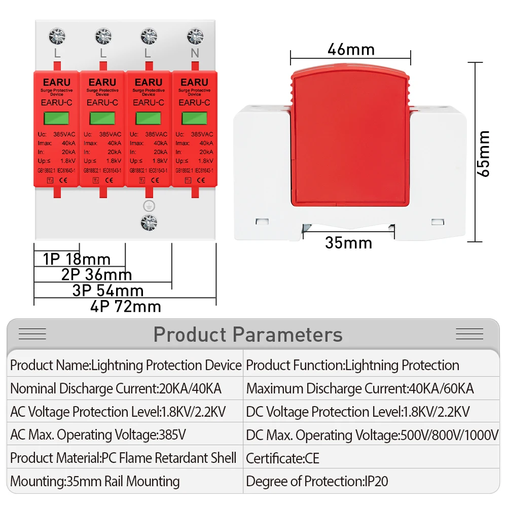 Power Surge Protective Device SPD Arrester Low Voltage House 1/2/3/4 Pole Surge Voltage Protection DC 500V 800V 1000V 40KA 60KA