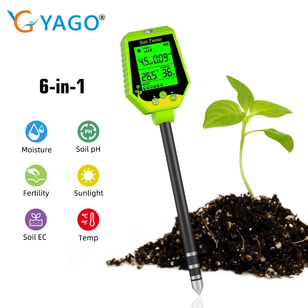 

6 IN 1 Multifunction Soil Meter Digital Ph Tester EC/Light/Moisture/Fertility Tester Thermometer Removable Panel for Garden