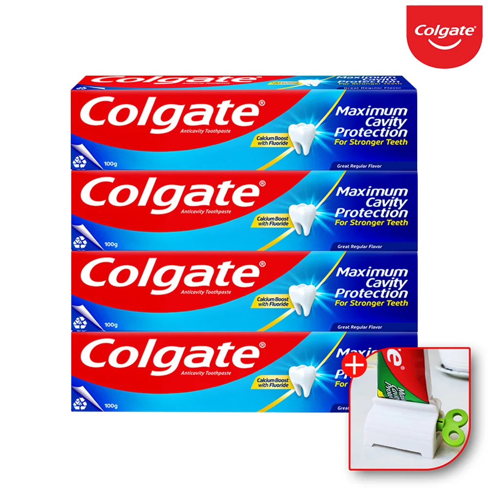 Colgate-pasta de dientes blanqueadora para el cuidado de las encías, fluoruro de protección de la cavidad, 100g Regular, 4 paquetes con exprimidor de pasta de dientes, recomendado