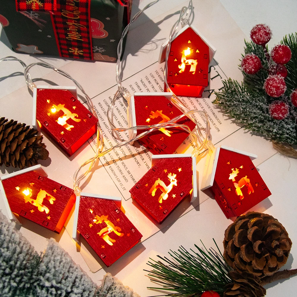 Cute Christmas Wooden House Shaped String Lights Wood House LED Fairy Lamp Xmas Tree Hanging Lights for Christmas Home Noel 2024