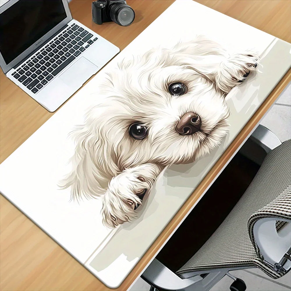 Cute White Dog Design HD Desk Pad Versatile XXL Non Slip Mouse Pad Suitable For Computer Gaming Office For Family And Friends