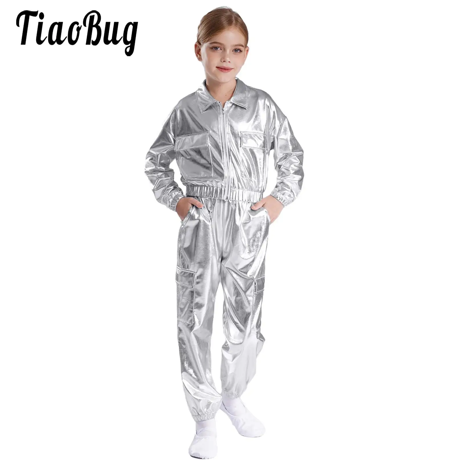 Kids Boys Girls Metallic Sport Hip Hop Street Dance Outfit Long Sleeve Outwear Top And Pants for Jazz Modern Dance Disco Costume