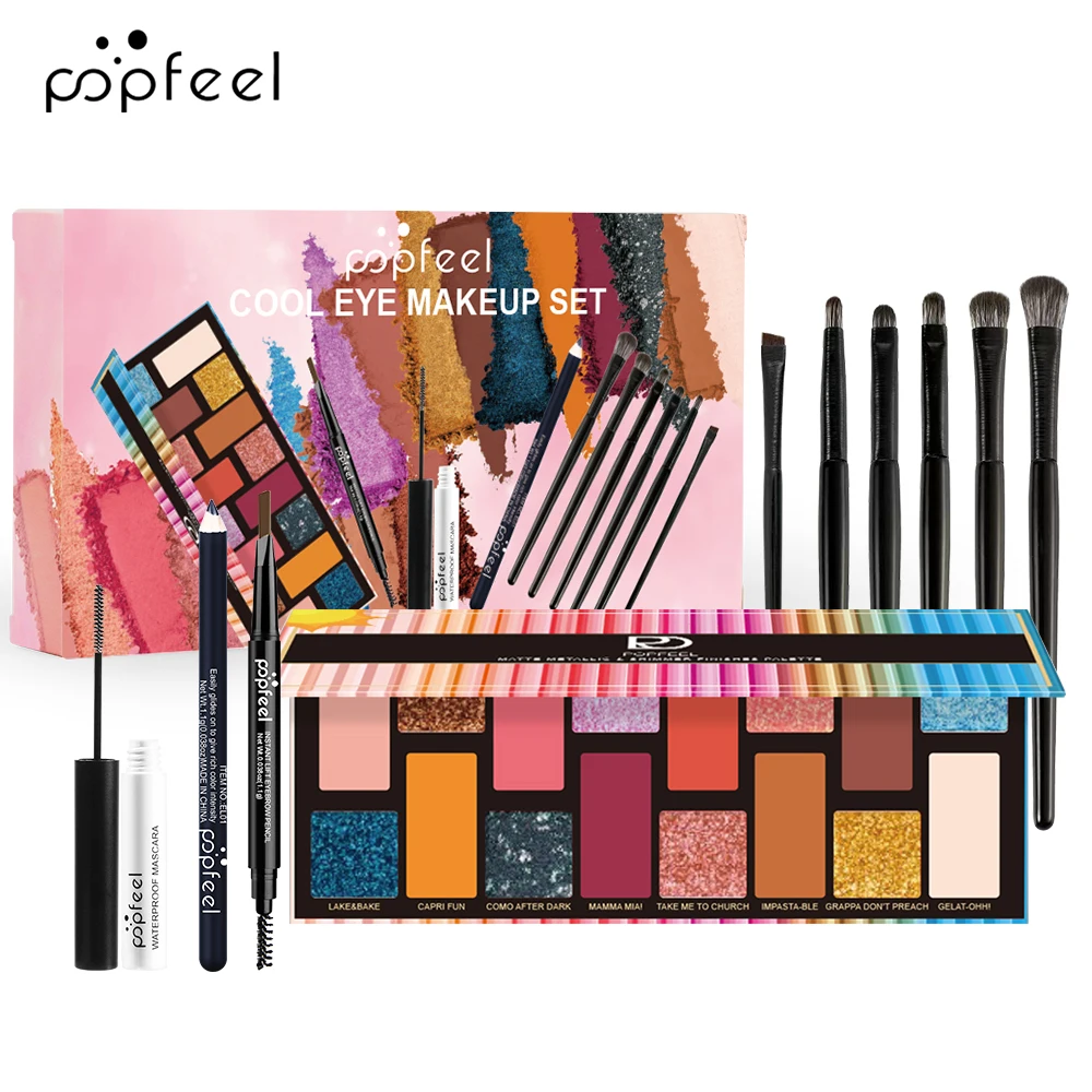 POPFEEL Ensemble de maquillage fard à paupières nu et couleur 16 couleurs - Combinaison complète de maquillage pour les yeux avec eye-liner, mascara, crayon à sourcils, pinceaux.