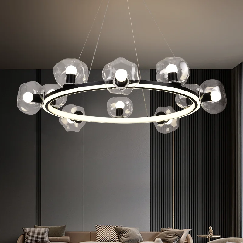 

Italian minimalist living room chandelier, light luxury, high-end restaurant ring glass lamp, designer warm eye-protecting bedro