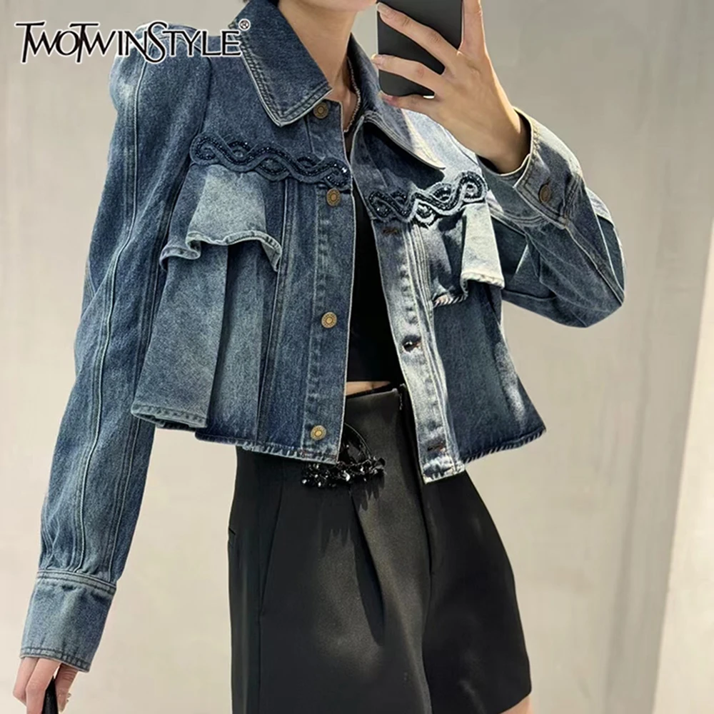 TWOTWINSTYLE Denim Spliced Ruffles Jackets For Wommen Lapel Long Sleeve Patchwork Button Vintage Chic Jacket Female Fashion New